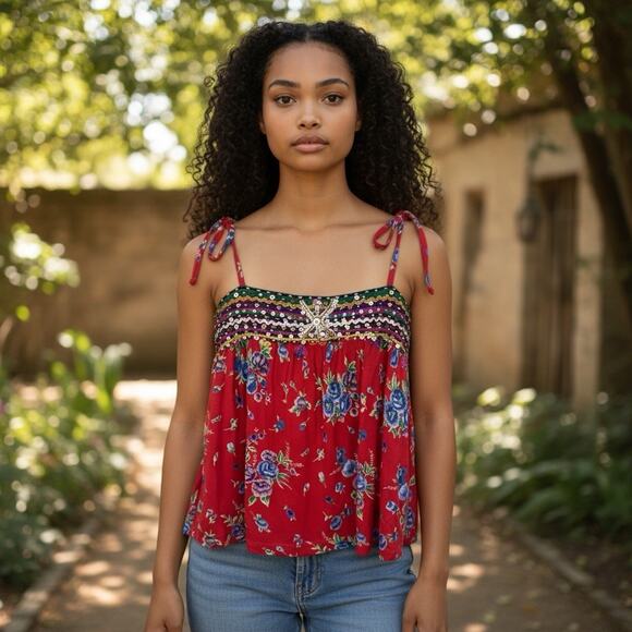 Free People Medium Adjustable Ties Boho Red Floral Sequin Beaded Festival Tank - Picture 1 of 10